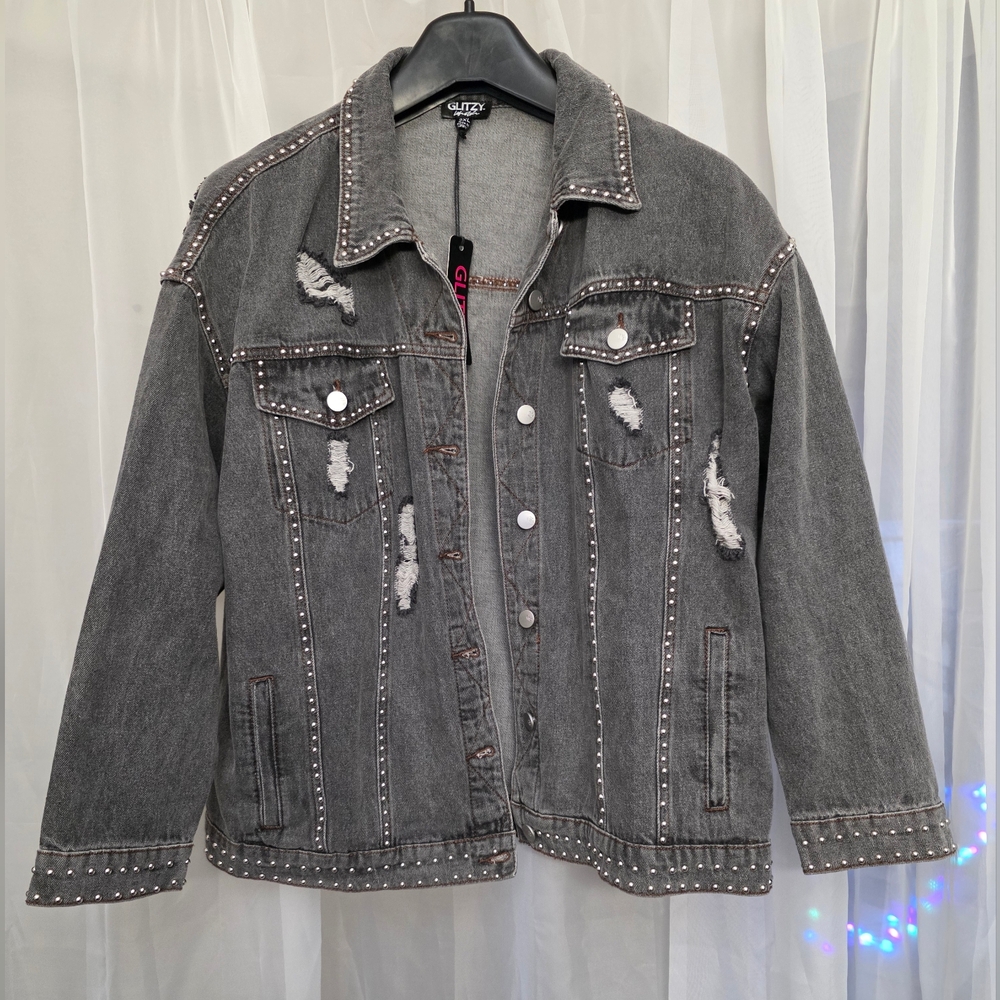 Glitz Gray Jean Jacket Distressed Denim Style